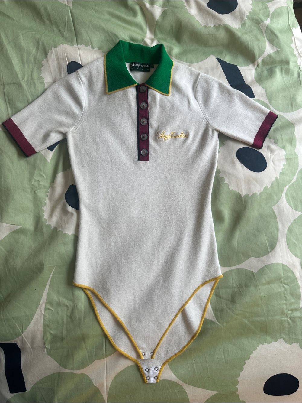 Sergio Tacchini Knit White Polo Bodysuit with Green Collar, Burgundy Accents